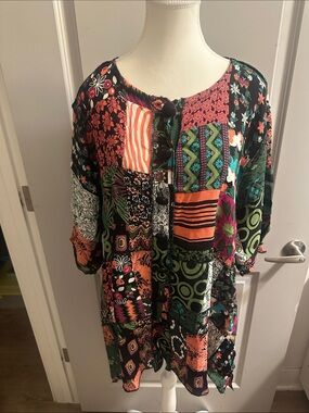 Patchwork Print Boho Tunic in Black and Orange